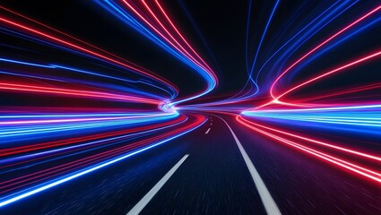 Poster - Blue and red neon wavy lines. Red blue special effect, speed police line. Magic of moving fast lines. Laser beams. Particle motion effect.