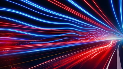 Poster - Blue and red neon wavy lines. Red blue special effect, speed police line. Magic of moving fast lines. Laser beams. Particle motion effect.
