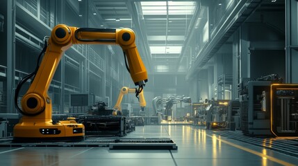 Poster - automated robotic arm assembly in high-tech factory industrial environment machinery futuristic view