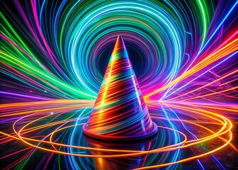 Poster - Neon Cone Double Exposure Photography: Abstract Art, Psychedelic Lines, Geometric Shapes, Vivid Colors, Light Trails, Bright, Glowing,  Surreal, Modern, Artistic