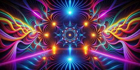 Poster - Neon Fractal Swirls: Geometric Line Pattern Silhouette Abstract Art