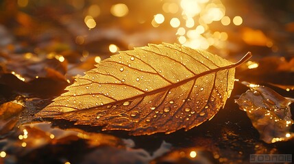 Aufkleber - Golden autumn leaf with dew drops on forest floor at sunset.