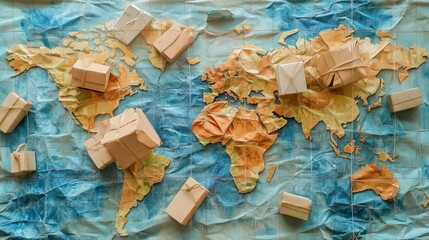 Poster - Global logistics strategy shipping packages across the world map infographic visual representation creative environment aerial view