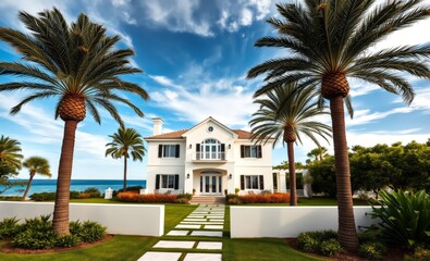 White house with palm trees on a white background ocean front property ocean property house home beach real estate