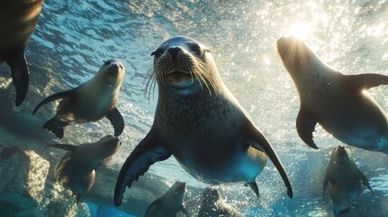 underwater close-up of curious sea lions swimming towards camera in sunlit ocean.