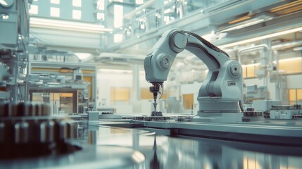 Poster - Industrial robotic arm manufacturing factory technology modern environment close-up view automation concepts
