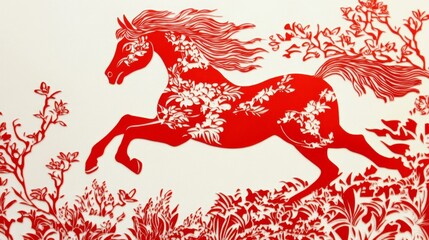 Poster - Dynamic red horse in floral design artistic display cultural artwork vibrant environment side view nature and art fusion