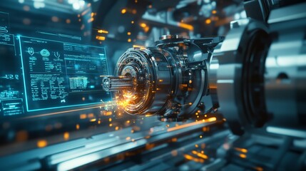 Poster - Advanced mechanical engine component breakdown industrial facility digital visualization high-tech environment close-up viewpoint