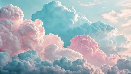 Wall Mural - Abstract 3d candy fluffy texture with gradient cotton candy clouds in the sky. Fantasy pink cloud in sky pastel background. Fairy Paradise realistic soft cloudy sunset landscape.