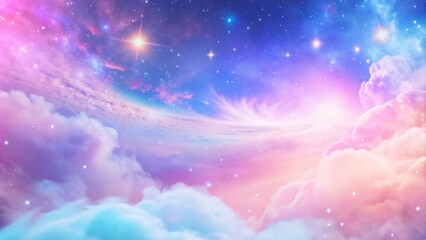 Wall Mural - Abstract 3d candy fluffy texture with gradient cotton candy clouds in the sky. Fantasy pink cloud in sky pastel background. Fairy Paradise realistic soft cloudy sunset landscape.