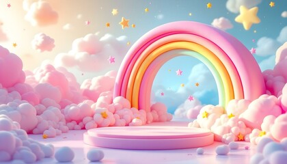 Poster - An empty podium on a multicolored rainbow background, an empty showcase for displaying goods. A rainbow of pastel colors, a festive round podium. 3D rendering
