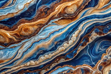 Poster - Panoramic Abstract Marble Texture: Blue Brown White Veins Background
