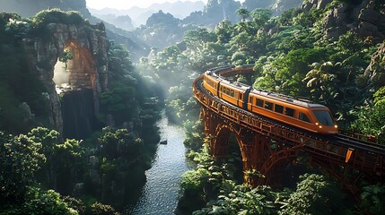 Sticker - Orange train on a scenic bridge crossing a lush jungle river valley.