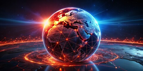 Poster - Panoramic Digital Earth: Glowing Red Orb Network Connection