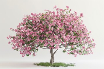 A pink tree with pink flowers. The tree is in the middle of a field. The tree is very tall