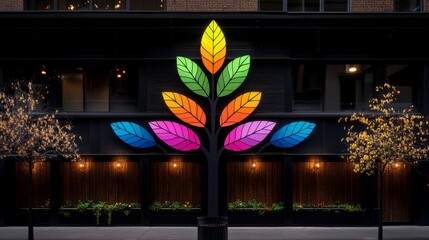 Poster - Vibrant Rainbow Tree Adorns Urban Building Facade