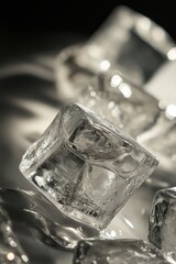 Poster - A cube of ice is on a table. There are other cubes of ice on the table as well