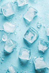 Poster - A blue background with a bunch of ice cubes on it. The ice cubes are scattered all over the background, some are closer to the foreground and others are further away