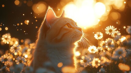 Poster - Golden hour cat in chamomile field.