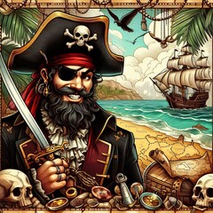 pirate illustration of a pirate with a caribbean inspired backgr