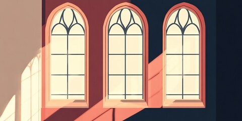 Poster - Three arched windows with a sun shining through them. The windows are in a building with a red and black color scheme