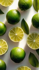 Sticker - Fresh limes and lime slices with leaves creating a vibrant pattern on white background