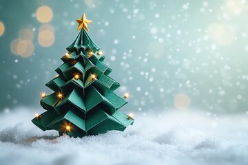 Wall Mural - green origami christmas tree standing on snow with golden star and lights