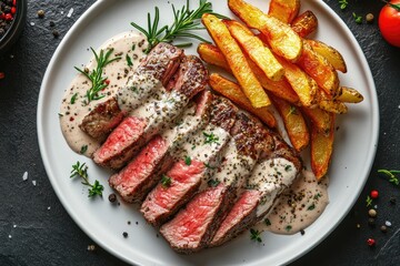 Wall Mural - Juicy grilled steak slices with crispy fries