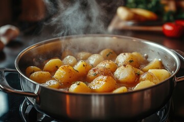 Wall Mural - Steaming hot potatoes with black pepper in stainless steel pot on kitchen counter