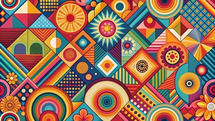 Poster - Playful Retro Abstract Background: Geometric Shapes, Vibrant Colors, 70s Style, Vintage Aesthetic, Colorful Wallpaper