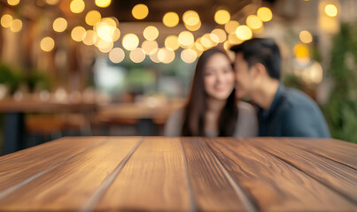 A close-up of a wooden tabletop in a modern restaurant with an abstract blurred background. The setting is perfect for product displays or marketing images with a warm and welcoming vibe