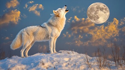 Wall Mural - arctic wolf howling at a full moon in a snowy landscape at sunset.