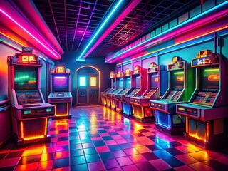 Poster - Retro Arcade Games, Pixel Art, 80s Nostalgia, Neon Lights, Virtual Reality, Gaming, Classic Games, Digital Art, Pixelated, Video Game,  Cyberpunk,  Fantasy Game