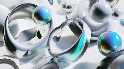 Poster - Mesmerizing Dance of Colorful Spheres and Sleek Rings Amidst a Surreal White Backdrop