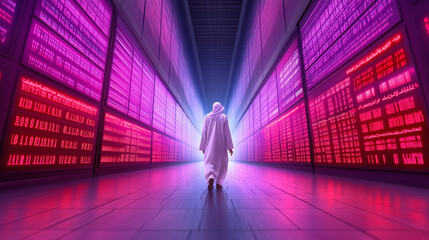 Poster - Strolling in a neon-lit futuristic data center