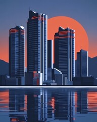 Poster - Vibrant Sunset Casts Shadows Over a Retro Futuristic City Landscape by the Water