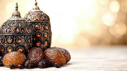 Wall Mural - Dates and ornate lamps on wooden surface.