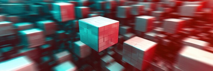 Poster - Exploring Vivid Red and Cyan Geometric Realms With Sharp Edged Cubes and Spheres in Motion