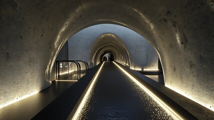Poster - Illuminated pathway in a long, dark, arched concrete tunnel.