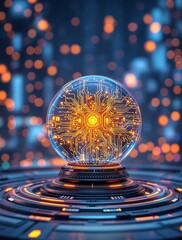 Poster - Futuristic Spherical Device with Intricate Glowing Patterns on a Dark High Tech Background