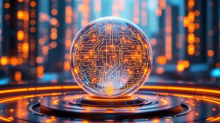 Poster - Futuristic Spherical Device with Intricate Glowing Patterns on a Dark High Tech Background