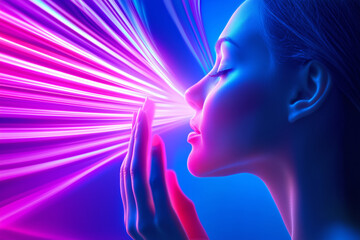 Poster - Light beams interact with a woman's face in vibrant colors