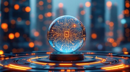 Poster - Futuristic Spherical Device with Intricate Glowing Patterns on a Dark High Tech Background