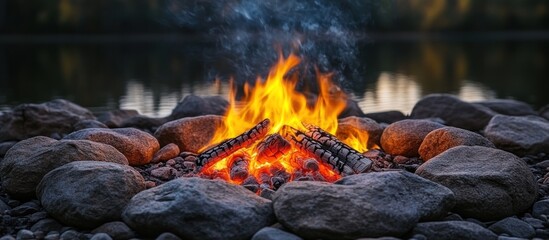 Canvas Print - Campfire burning brightly at night by a lake, surrounded by rocks.