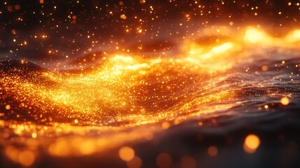 Wall Mural - Glowing golden particles shimmering on dark water waves.