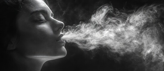 Canvas Print - Woman exhaling vapor, monochrome profile.