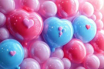 Wall Mural - pink and blue heart-shaped balloons with smaller hearts on a pastel background.