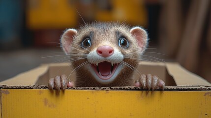 Wall Mural - Adorable ferret peeking from a yellow cardboard box, displaying playful expression and large eyes.