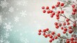 © Aqsa - Glossy red berries contrasting a serene gray and pale turquoise winter background, with delicate snowflakes floating in the cold air.