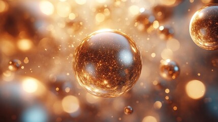 Wall Mural - Abstract golden spheres floating in bokeh background.